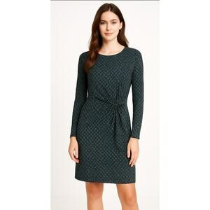 Brooks Brothers Knot Front Long Sleeve Geometric Print Navy Green Dress Size L